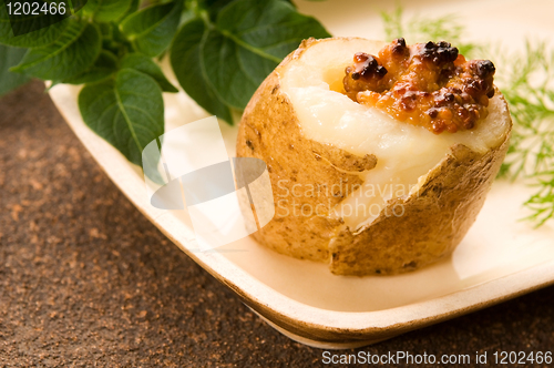 Image of Baked potato with sour cream, grain Dijon mustard and herbs