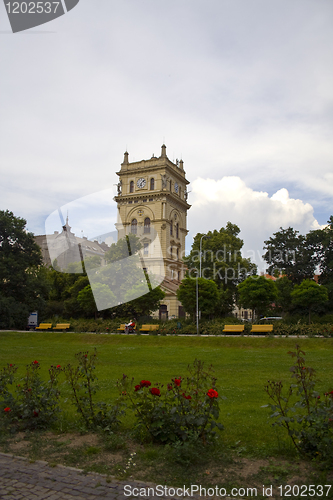 Image of water tower in a city park.