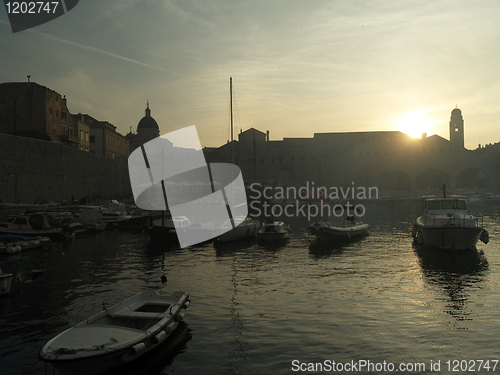 Image of Dubrovnik harbor at dusk