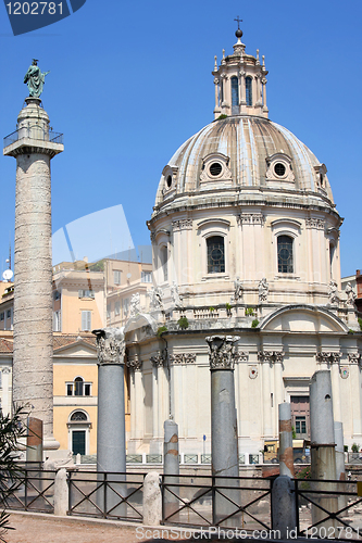 Image of Traian column and Santa Maria di Loreto in Rome, Italy