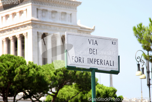 Image of street sign Fori Imperiali in Rome, Italy