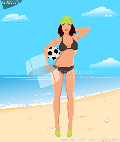 Image of active girl with ball on beach