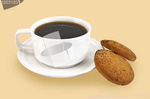 Image of White cup with coffee and biscuits
