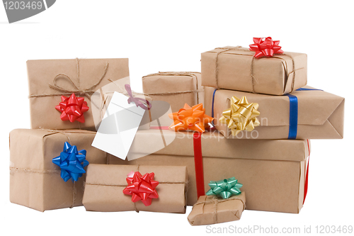 Image of gift boxes with ribbon and blank label