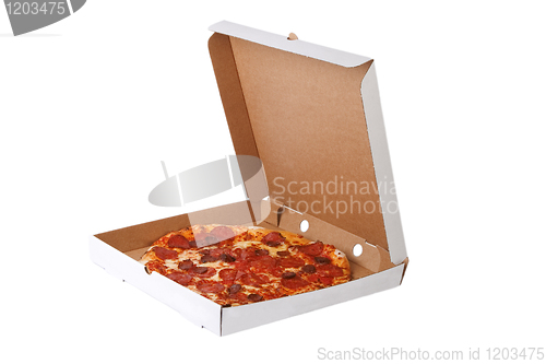 Image of Fresh pizza in plain open box