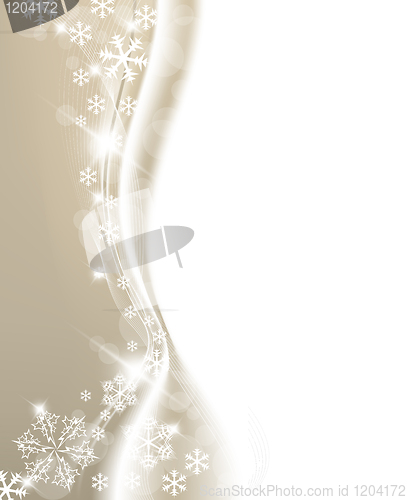 Image of Golden Christmas background with white snowflakes