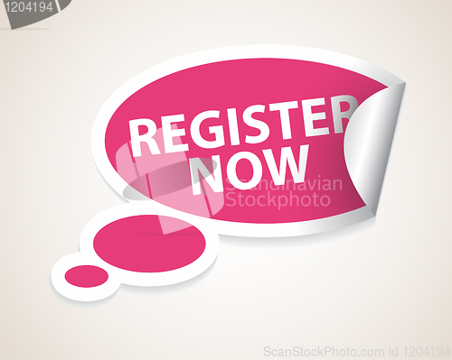 Image of Register now speech bubble as sticker / label