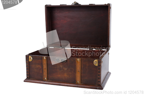 Image of Open antique wooden trunk