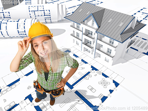 Image of female worker on 3d blueprint