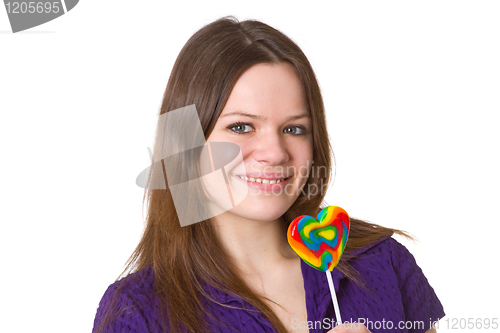 Image of Friendly young woman with lollipop