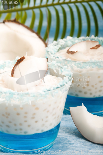 Image of Coconut pudding with tapioca pearls and litchi jelly