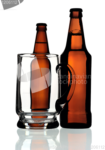 Image of Glass mug and two bottles of beer, isolated