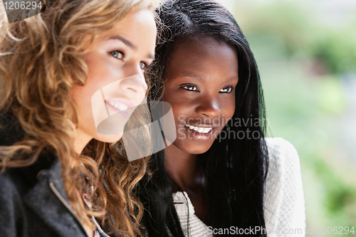Image of Happy young females looking away
