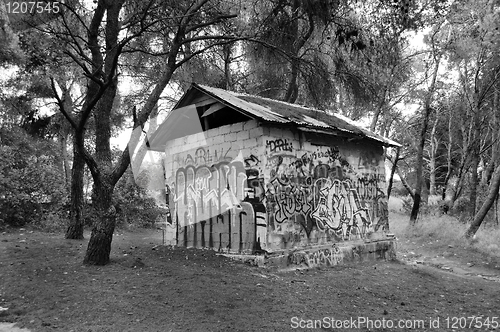 Image of graffiti covered hut