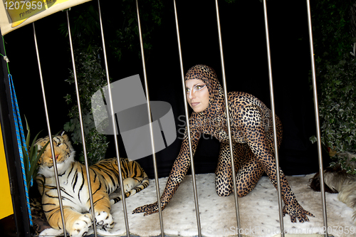 Image of A woman locked in a cage with a tiger.