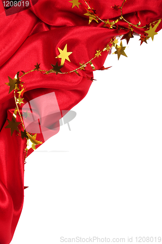 Image of Smooth Red Silk with golden stars as holiday background 