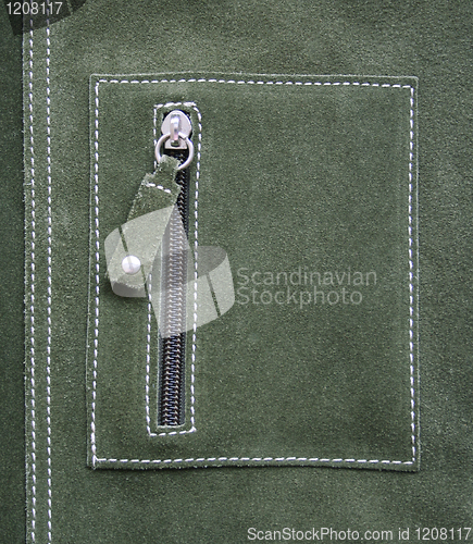 Image of Pocket on green leather texture as background 