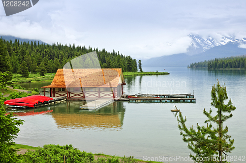 Image of Boathouse on mountain lake