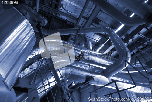 Image of Industrial zone, Steel pipelines in blue tones  