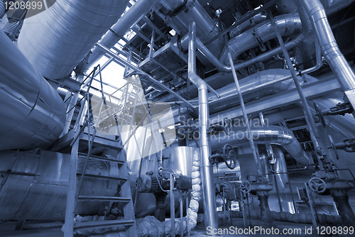 Image of Industrial zone, Steel pipelines in blue tones  