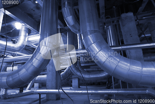 Image of Industrial zone, Steel pipelines in blue tones  