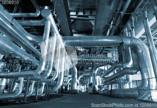 Image of Industrial zone, Steel pipelines in blue tones  