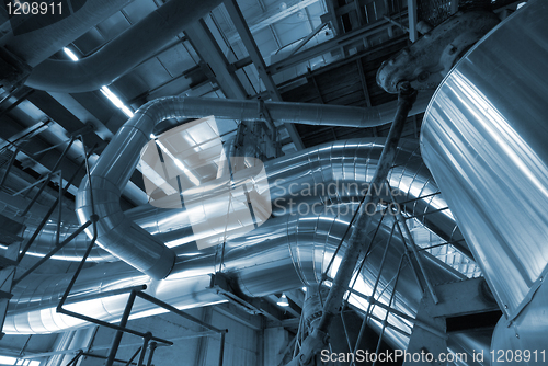 Image of Industrial zone, Steel pipelines in blue tones  