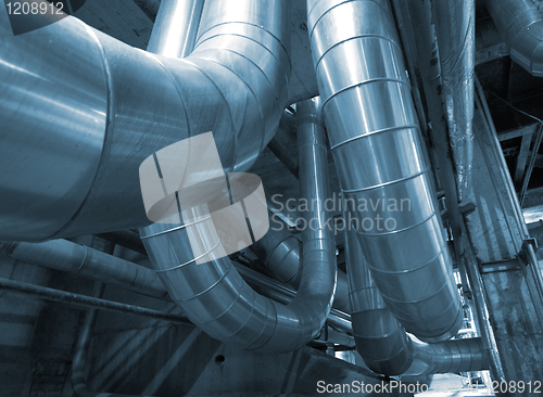 Image of Industrial zone, Steel pipelines in blue tones  