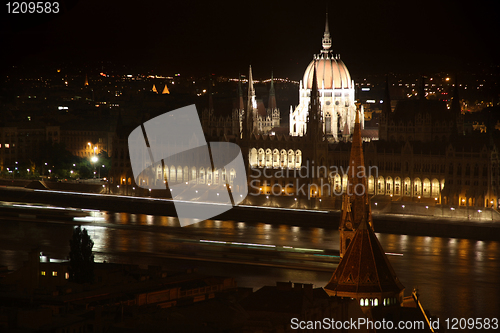 Image of The parliament building at night in Budapest, Hungary