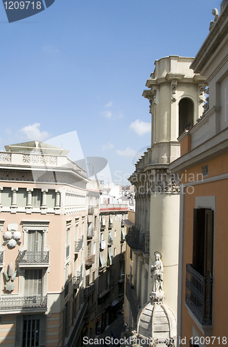 Image of rooftop architecture Gothic La Rambla district Barcelona Spain