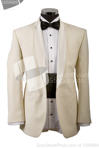 Image of tuxedo, white shirt and black bow tie