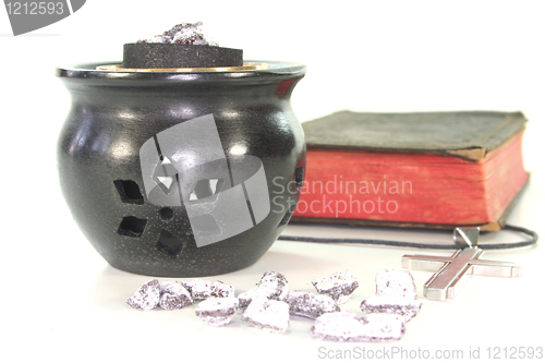 Image of frankincense with incense censer and Bible