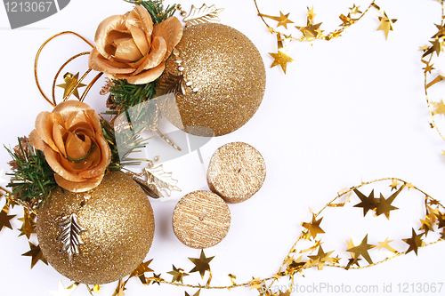 Image of Christmas card with golden balls and candles 