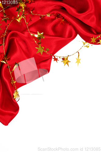 Image of Smooth Red Silk with golden stars as holiday background 