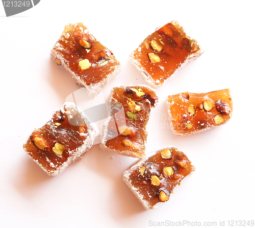 Image of Sweet turkish delights on white background