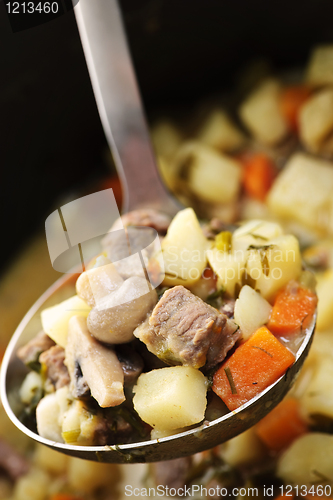 Image of Beef stew in serving spoon
