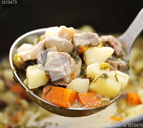 Image of Beef stew in serving spoon