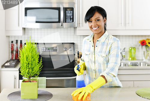 Image of Young woman cleaning kitchen