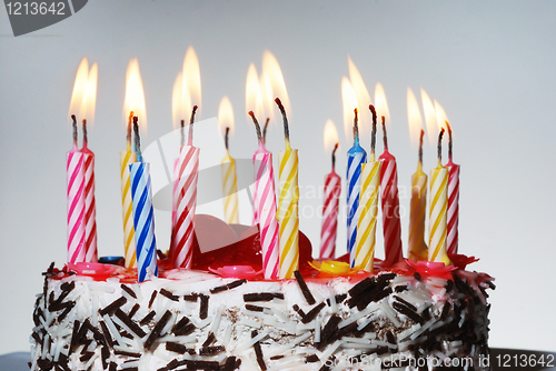 Image of a birthday cake with lighted candles