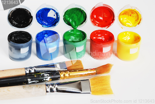 Image of plastic containers with paint, black, blue, green, red, yellow
