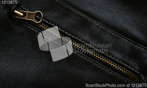 Image of Zipper on the black leather texture as background