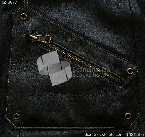Image of Pocket with zipper on the black leather texture 