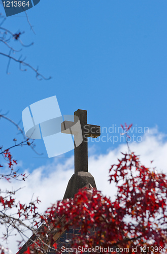 Image of cross through red autumn leaves