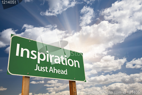 Image of Inspiration Green Road Sign Against Clouds