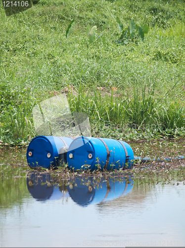 Image of Blue toxic drums in river