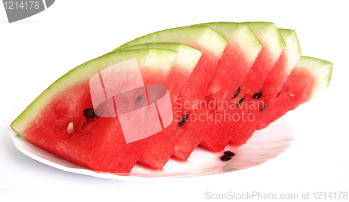 Image of Slices of juicy watermelon served on white plate isolated on whi