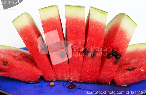 Image of Slices of juicy watermelon served on blue plate