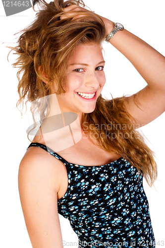 Image of Close-up shot of beauty woman in designer blue top