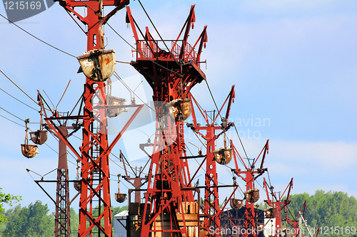 Image of industrial cableway and moving trolleys