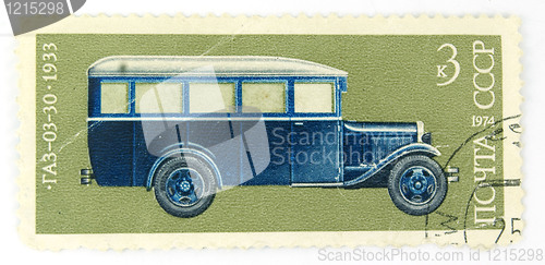 Image of A cancelled stamp with a bus